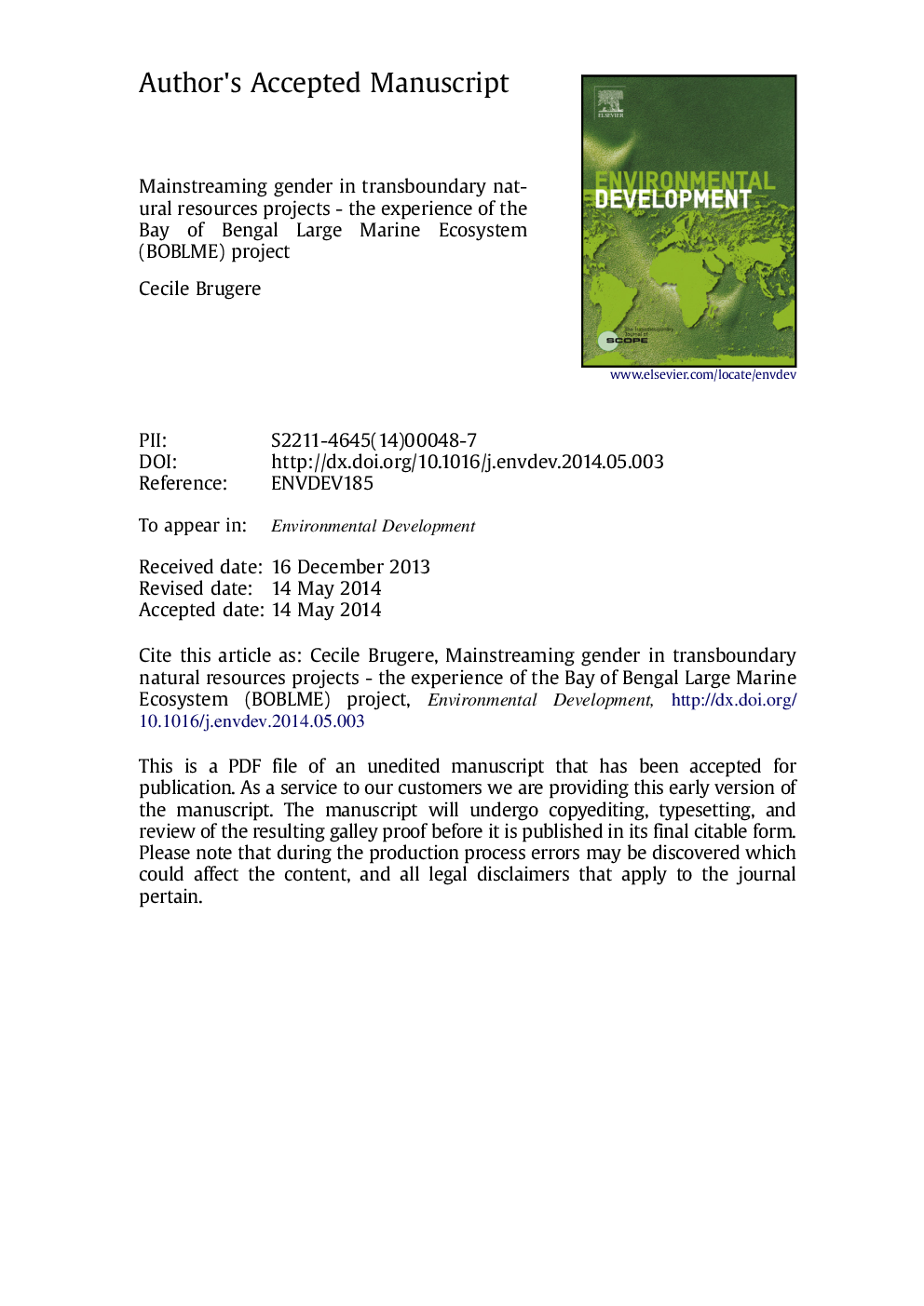 Mainstreaming gender in transboundary natural resources projects - the experience of the Bay of Bengal Large Marine Ecosystem (BOBLME) project