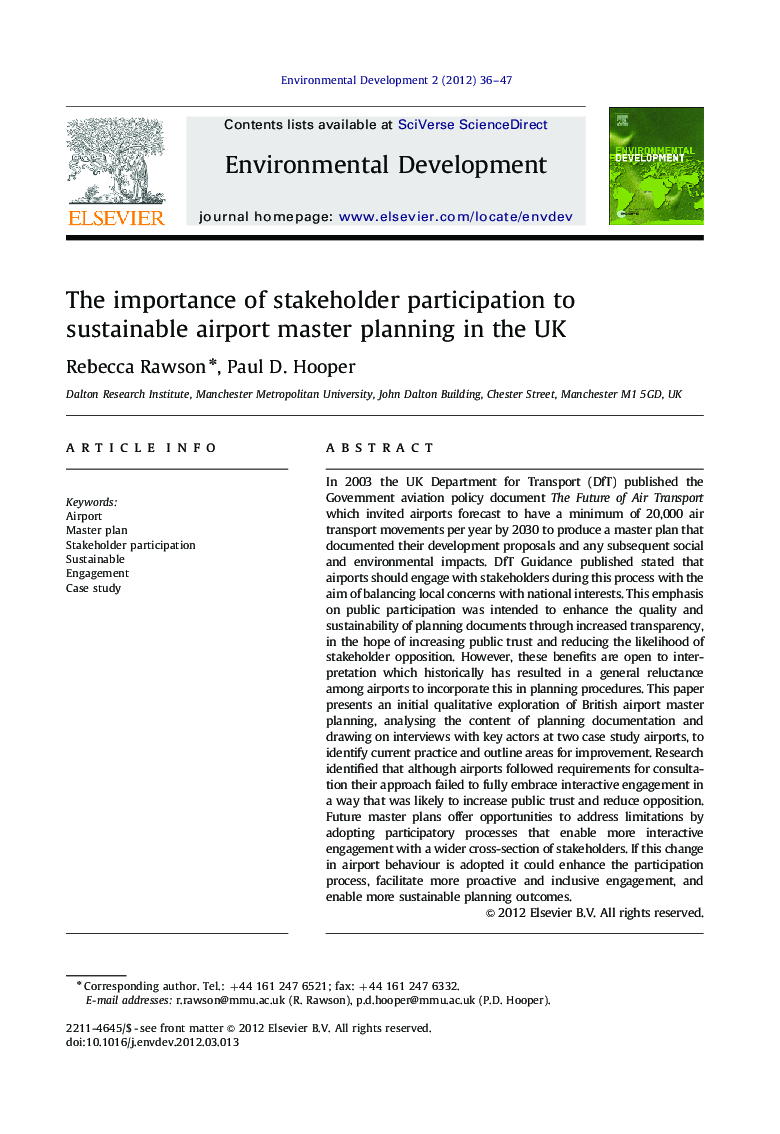 The importance of stakeholder participation to sustainable airport master planning in the UK