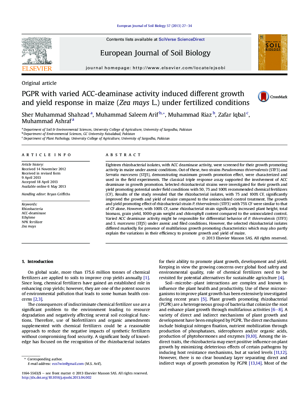 PGPR with varied ACC-deaminase activity induced different growth and yield response in maize (Zea mays L.) under fertilized conditions