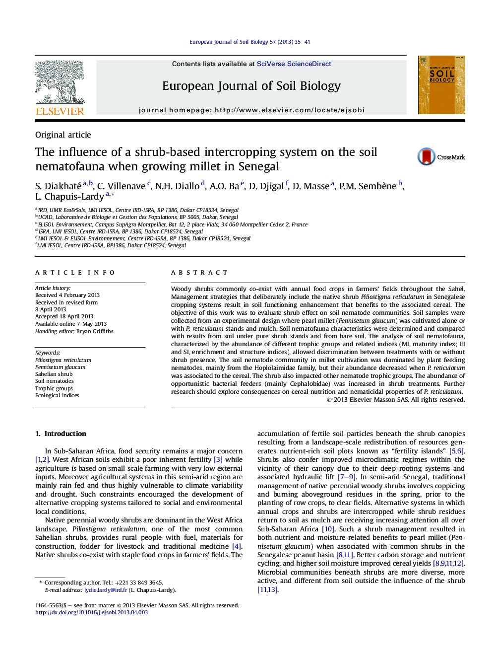 The influence of a shrub-based intercropping system on the soil nematofauna when growing millet in Senegal