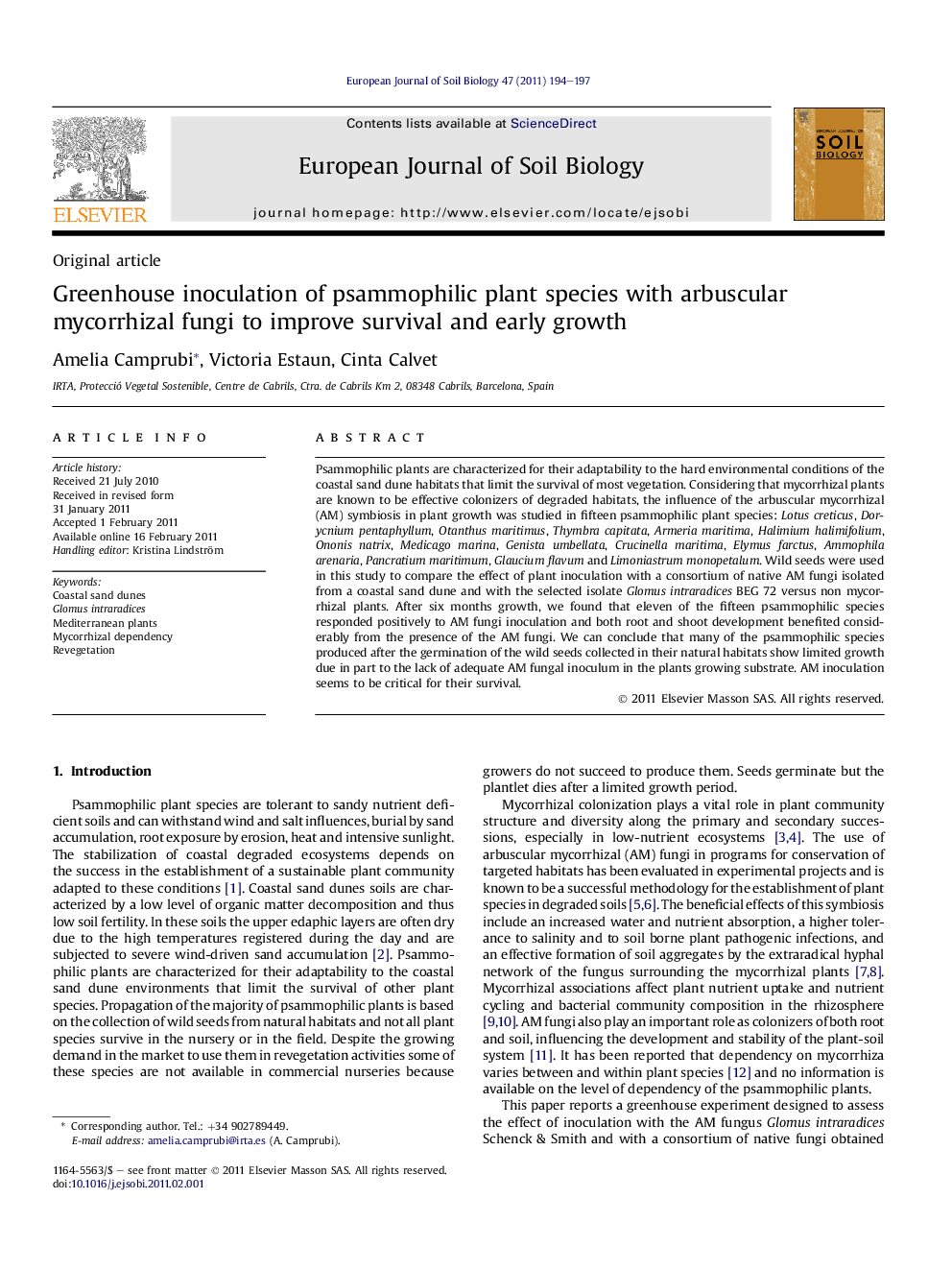 Greenhouse inoculation of psammophilic plant species with arbuscular mycorrhizal fungi to improve survival and early growth