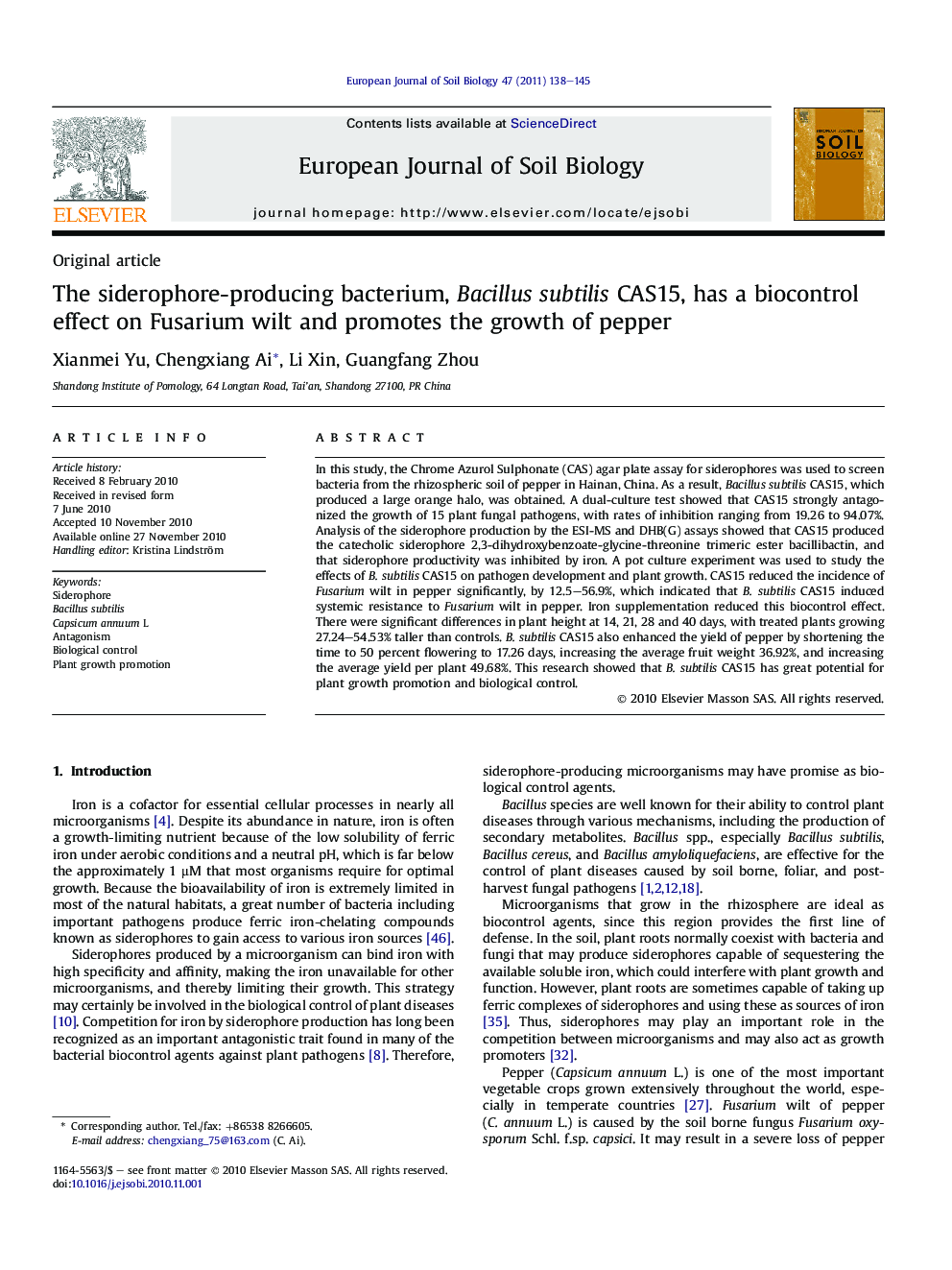 The siderophore-producing bacterium, Bacillus subtilis CAS15, has a biocontrol effect on Fusarium wilt and promotes the growth of pepper