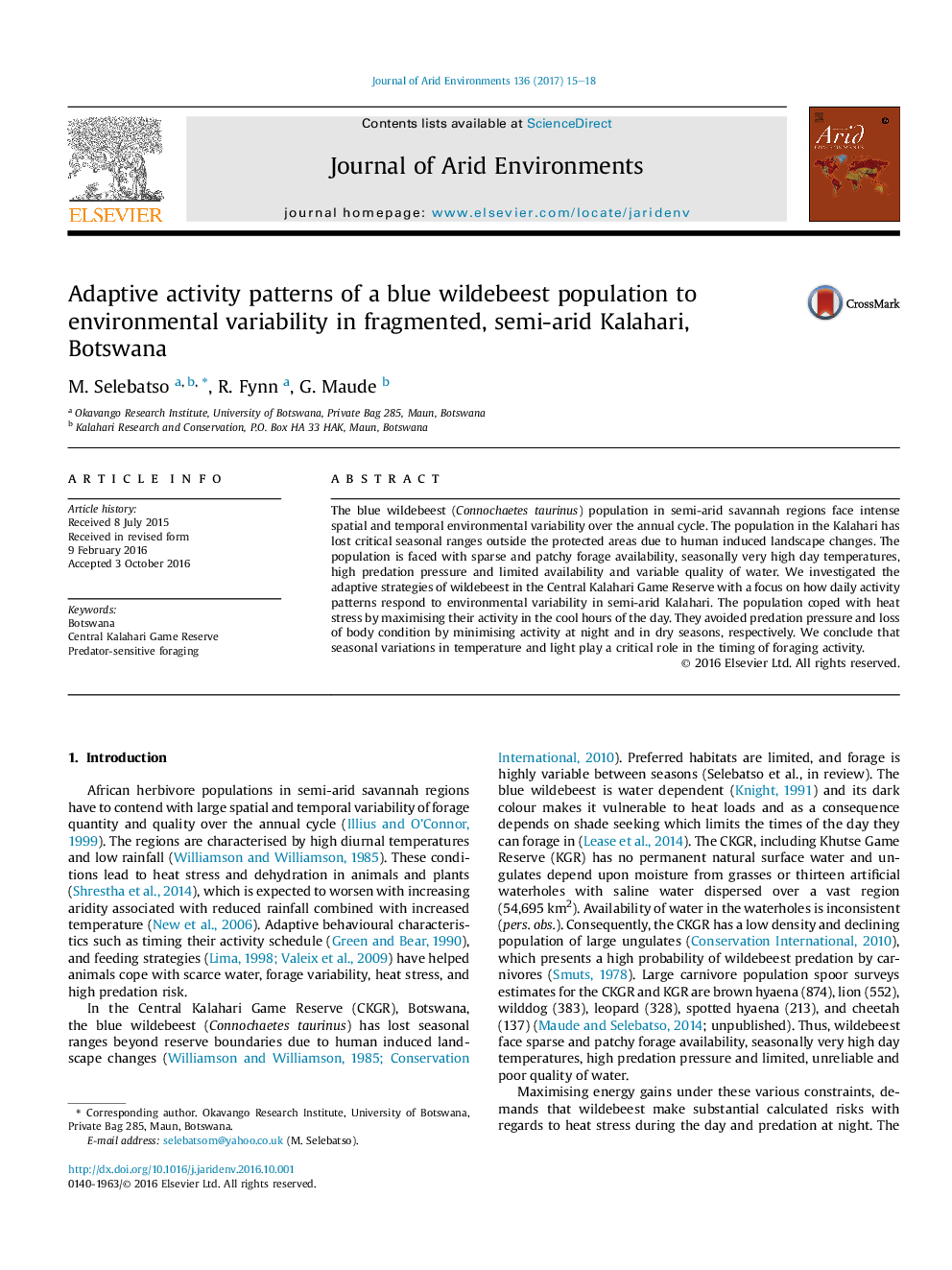 Adaptive activity patterns of a blue wildebeest population to environmental variability in fragmented, semi-arid Kalahari, Botswana