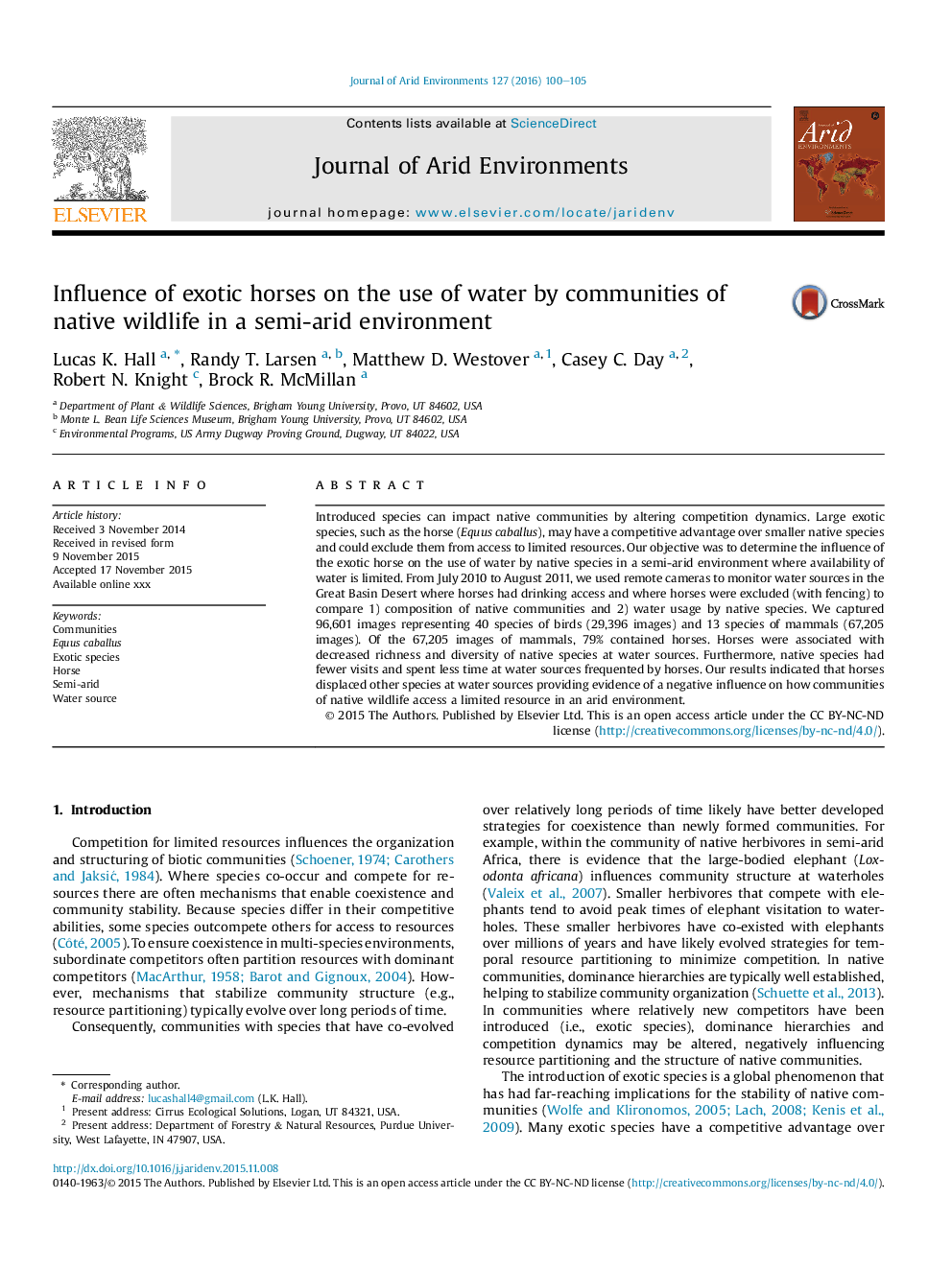 Influence of exotic horses on the use of water by communities of native wildlife in a semi-arid environment