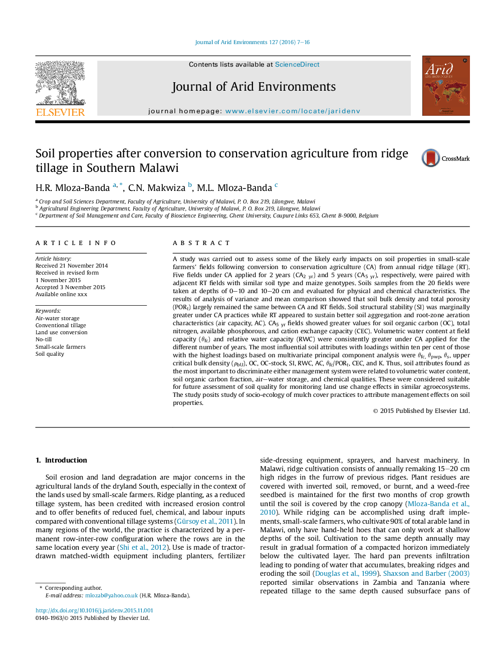 Soil properties after conversion to conservation agriculture from ridge tillage in Southern Malawi