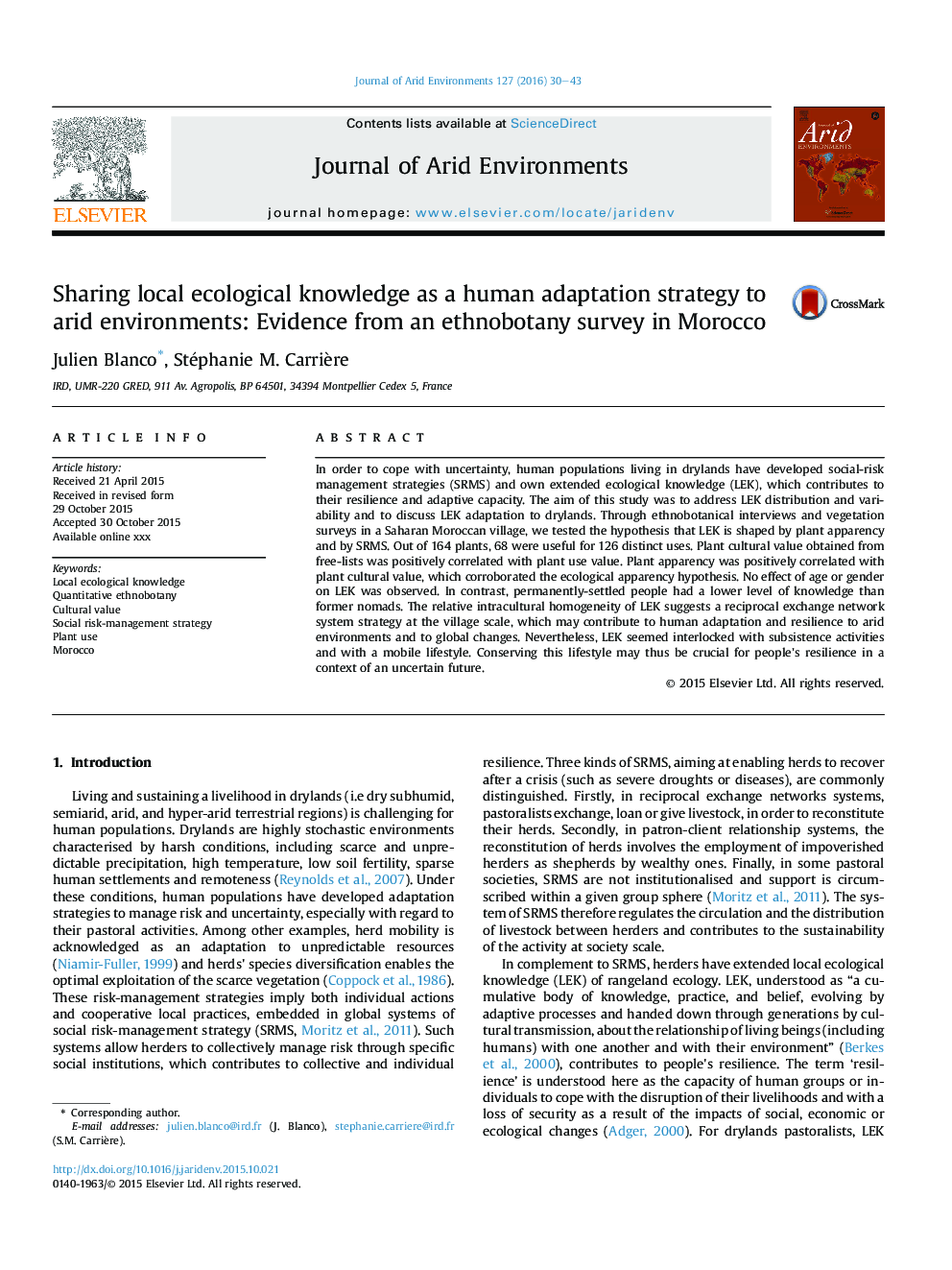 Sharing local ecological knowledge as a human adaptation strategy to arid environments: Evidence from an ethnobotany survey in Morocco