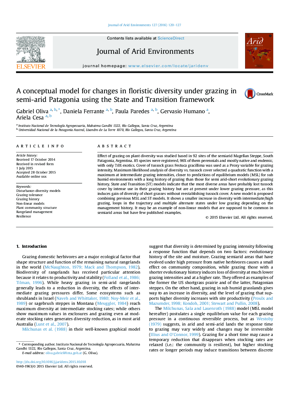 A conceptual model for changes in floristic diversity under grazing in semi-arid Patagonia using the State and Transition framework