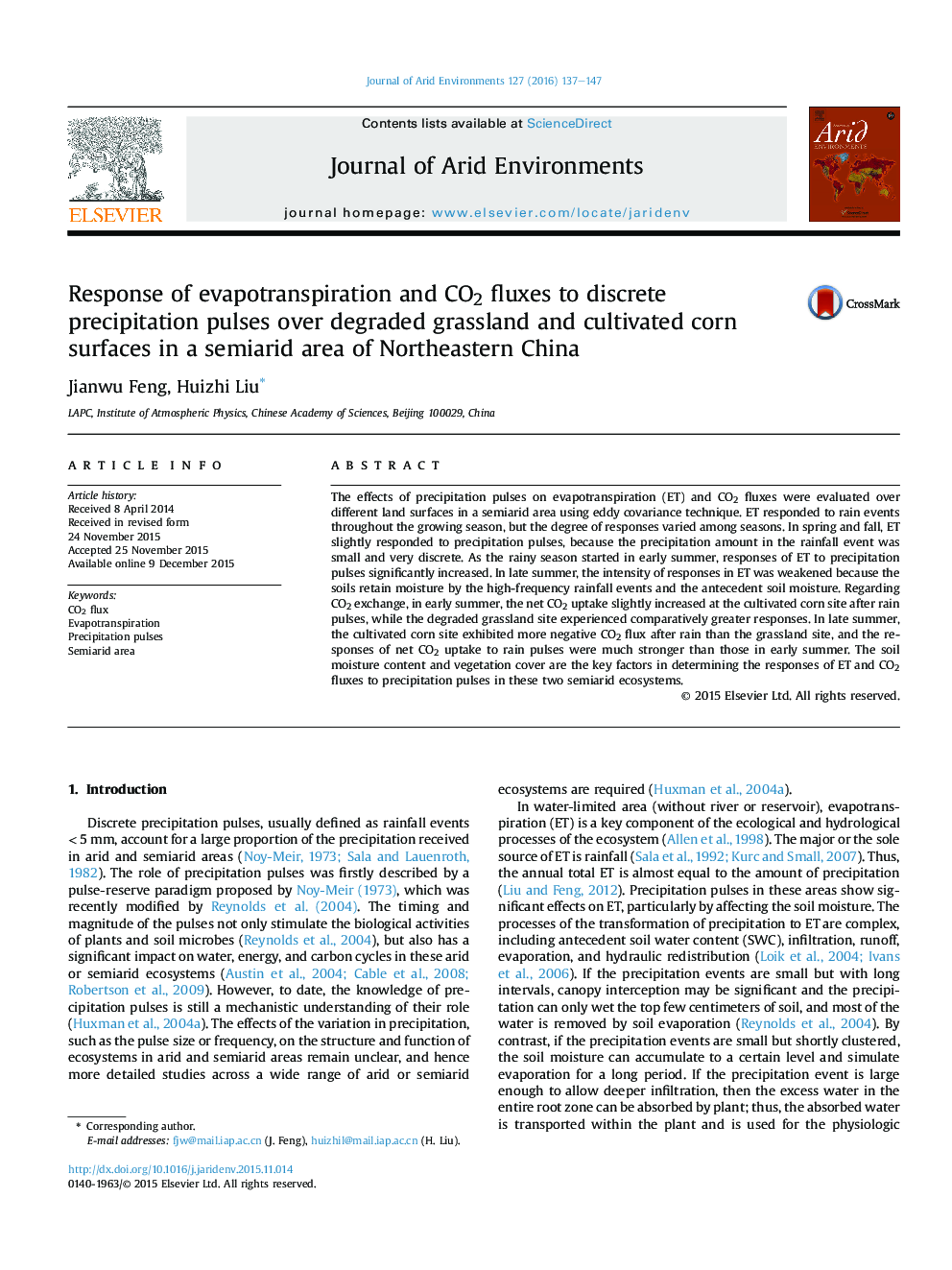 Response of evapotranspiration and CO2 fluxes to discrete precipitation pulses over degraded grassland and cultivated corn surfaces in a semiarid area of Northeastern China