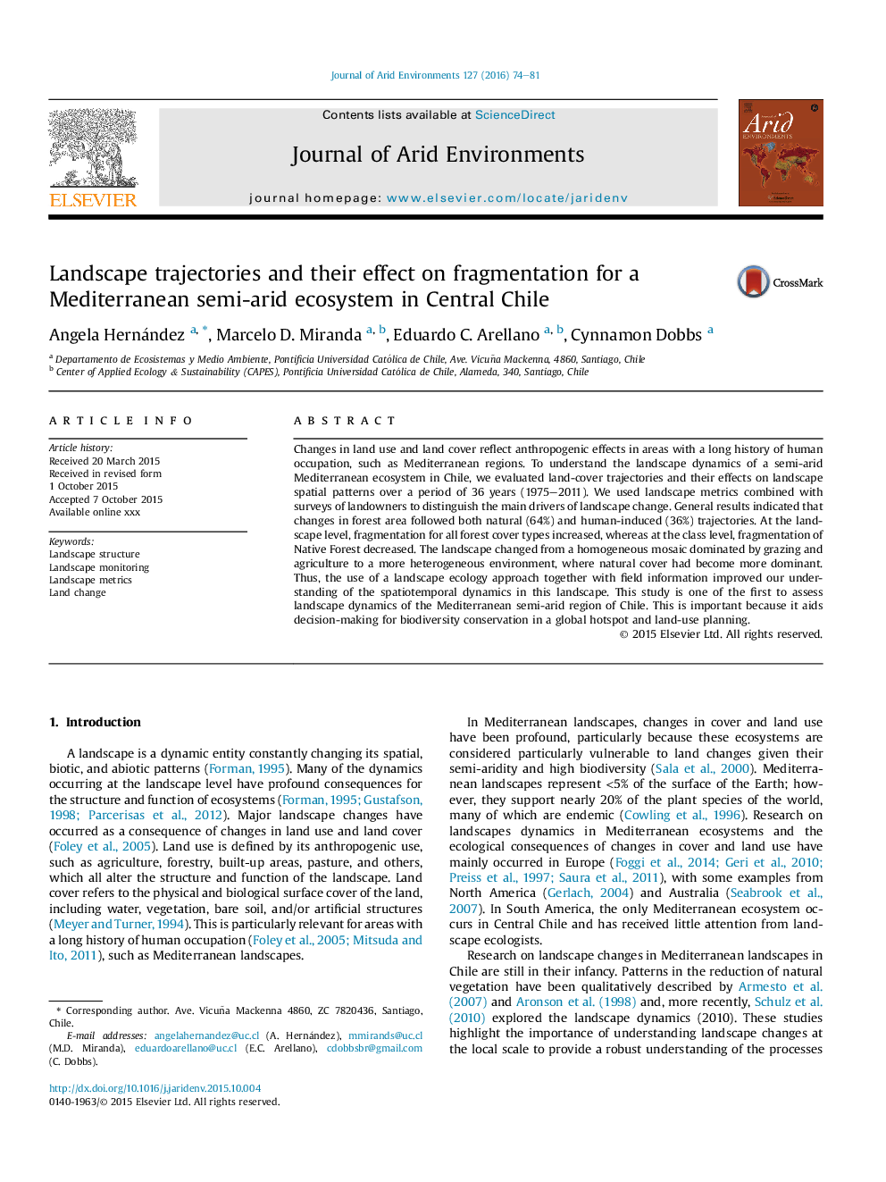 Landscape trajectories and their effect on fragmentation for a Mediterranean semi-arid ecosystem in Central Chile