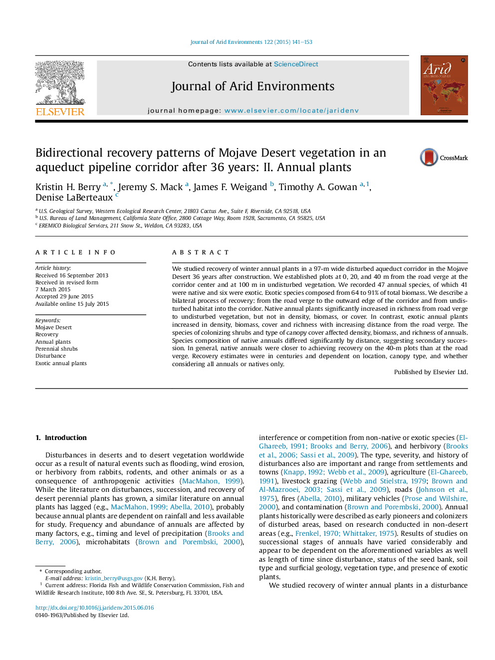 Bidirectional recovery patterns of Mojave Desert vegetation in an aqueduct pipeline corridor after 36 years: II. Annual plants