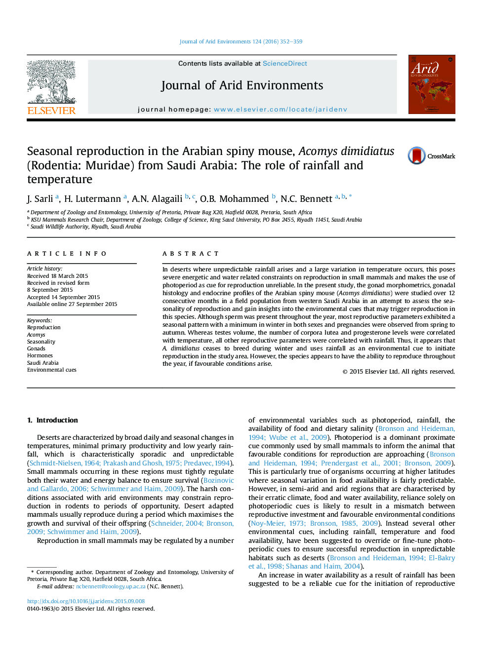 Seasonal reproduction in the Arabian spiny mouse, Acomys dimidiatus (Rodentia: Muridae) from Saudi Arabia: The role of rainfall and temperature