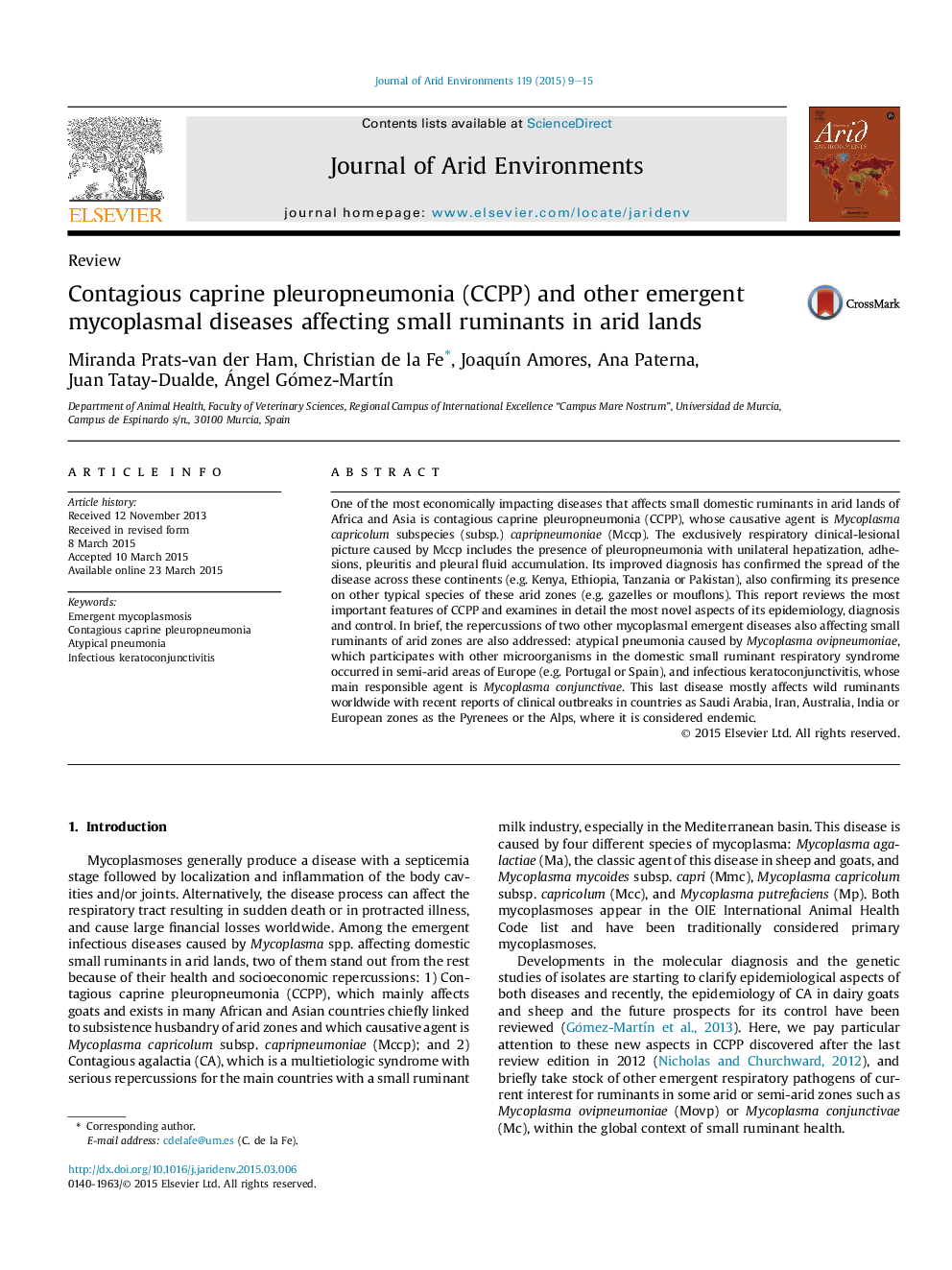 ReviewContagious caprine pleuropneumonia (CCPP) and other emergent mycoplasmal diseases affecting small ruminants in arid lands