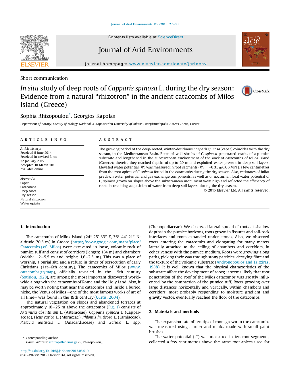 In situ study of deep roots of Capparis spinosa L. during the dry season: Evidence from a natural “rhizotron” in the ancient catacombs of Milos Island (Greece)