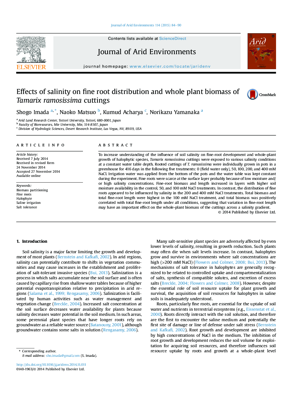 Effects of salinity on fine root distribution and whole plant biomass of Tamarix ramosissima cuttings