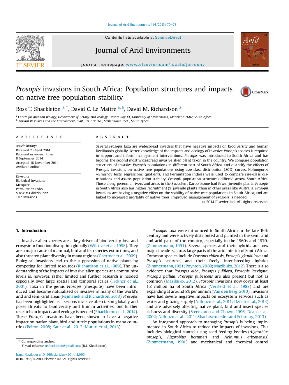 Prosopis invasions in South Africa: Population structures and impacts on native tree population stability