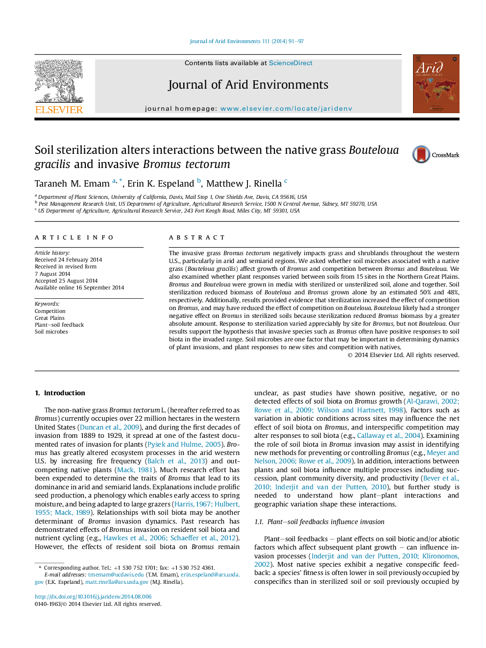 Soil sterilization alters interactions between the native grass Bouteloua gracilis and invasive Bromus tectorum