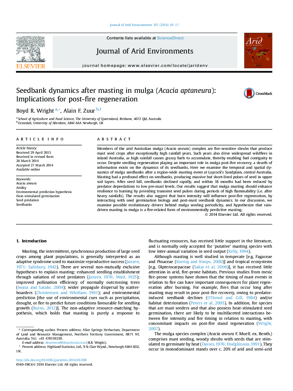 Seedbank dynamics after masting in mulga (Acacia aptaneura): Implications for post-fire regeneration