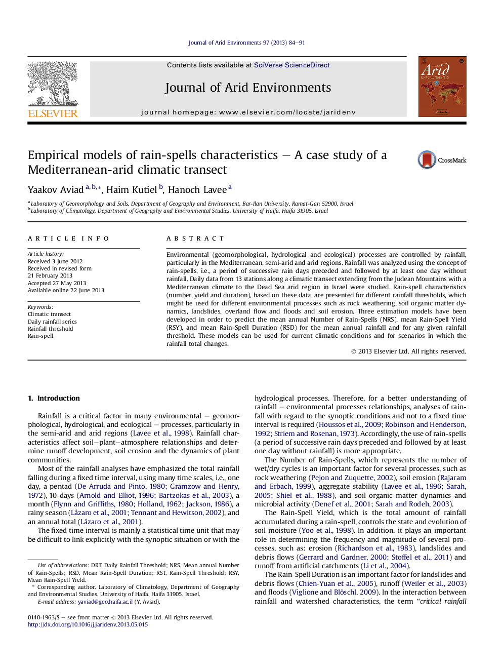 Empirical models of rain-spells characteristics - A case study of a Mediterranean-arid climatic transect