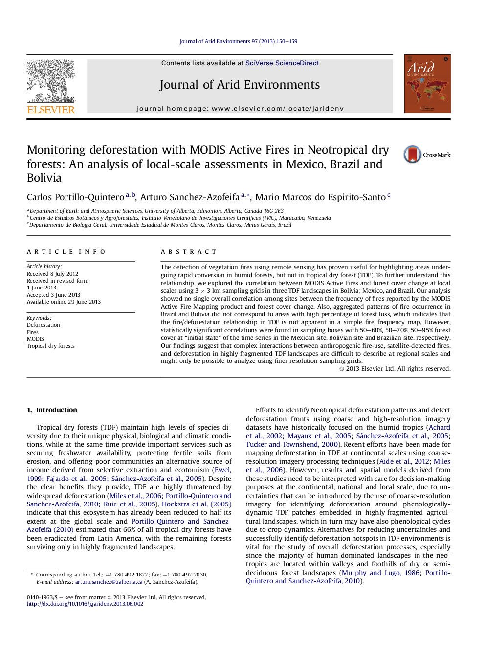 Monitoring deforestation with MODIS Active Fires in Neotropical dry forests: An analysis of local-scale assessments in Mexico, Brazil and Bolivia