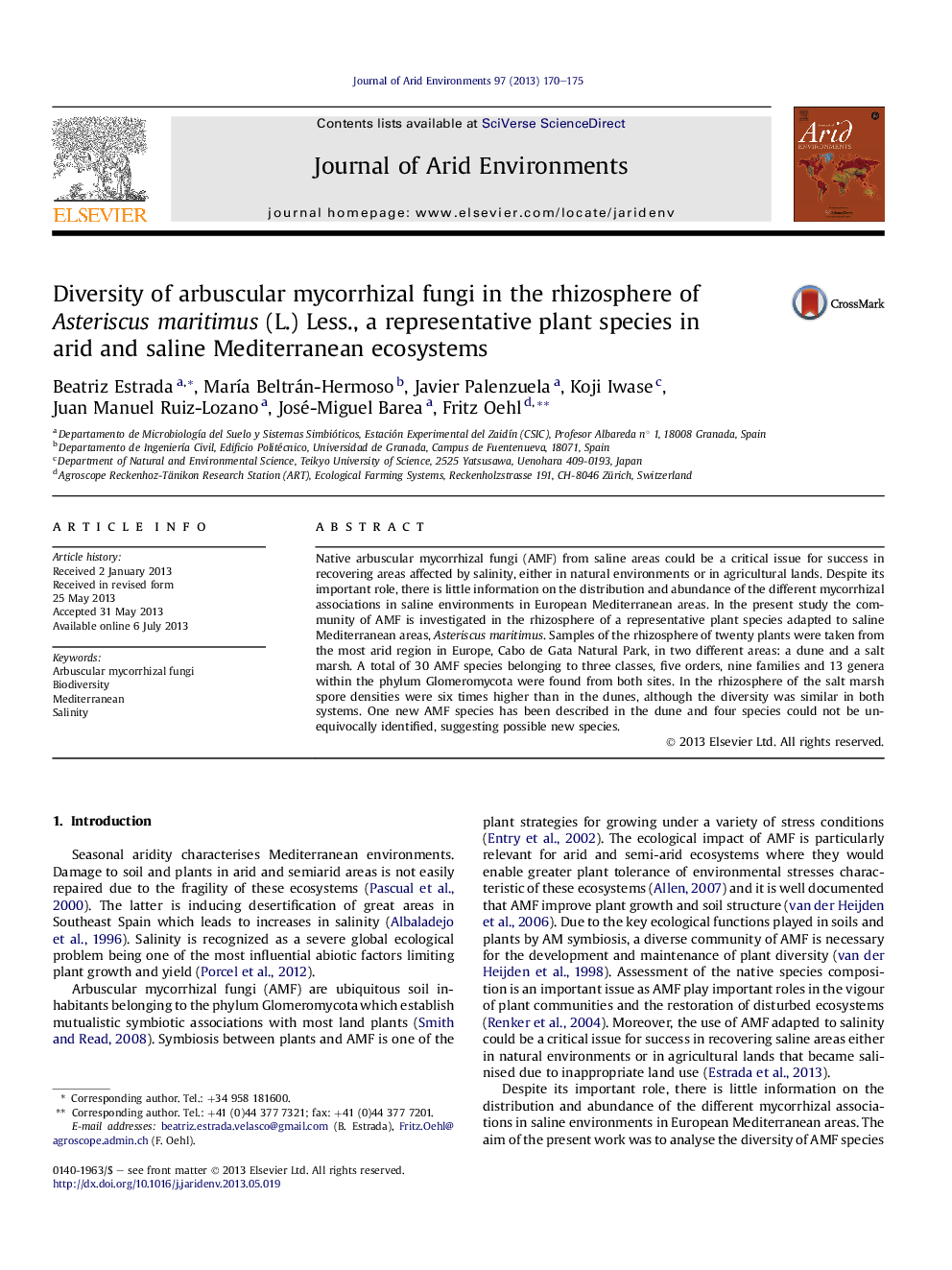 Diversity of arbuscular mycorrhizal fungi in the rhizosphere of Asteriscus maritimus (L.) Less., a representative plant species in arid and saline Mediterranean ecosystems