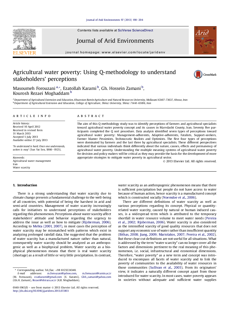 Agricultural water poverty: Using Q-methodology to understand stakeholders' perceptions