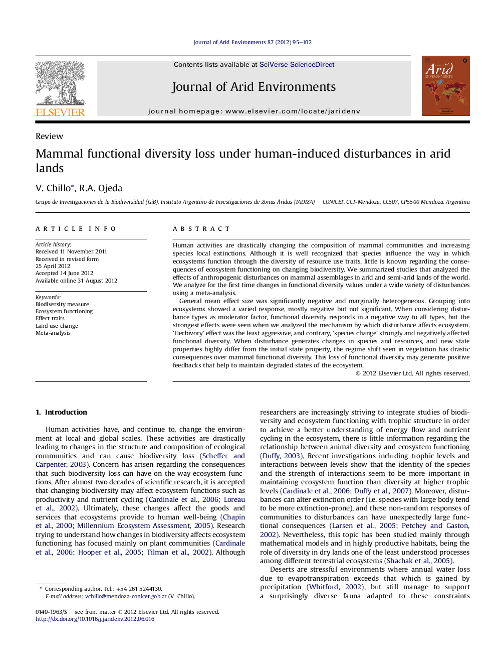 Mammal functional diversity loss under human-induced disturbances in arid lands