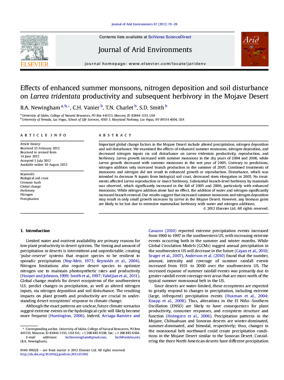 Effects of enhanced summer monsoons, nitrogen deposition and soil disturbance on Larrea tridentata productivity and subsequent herbivory in the Mojave Desert