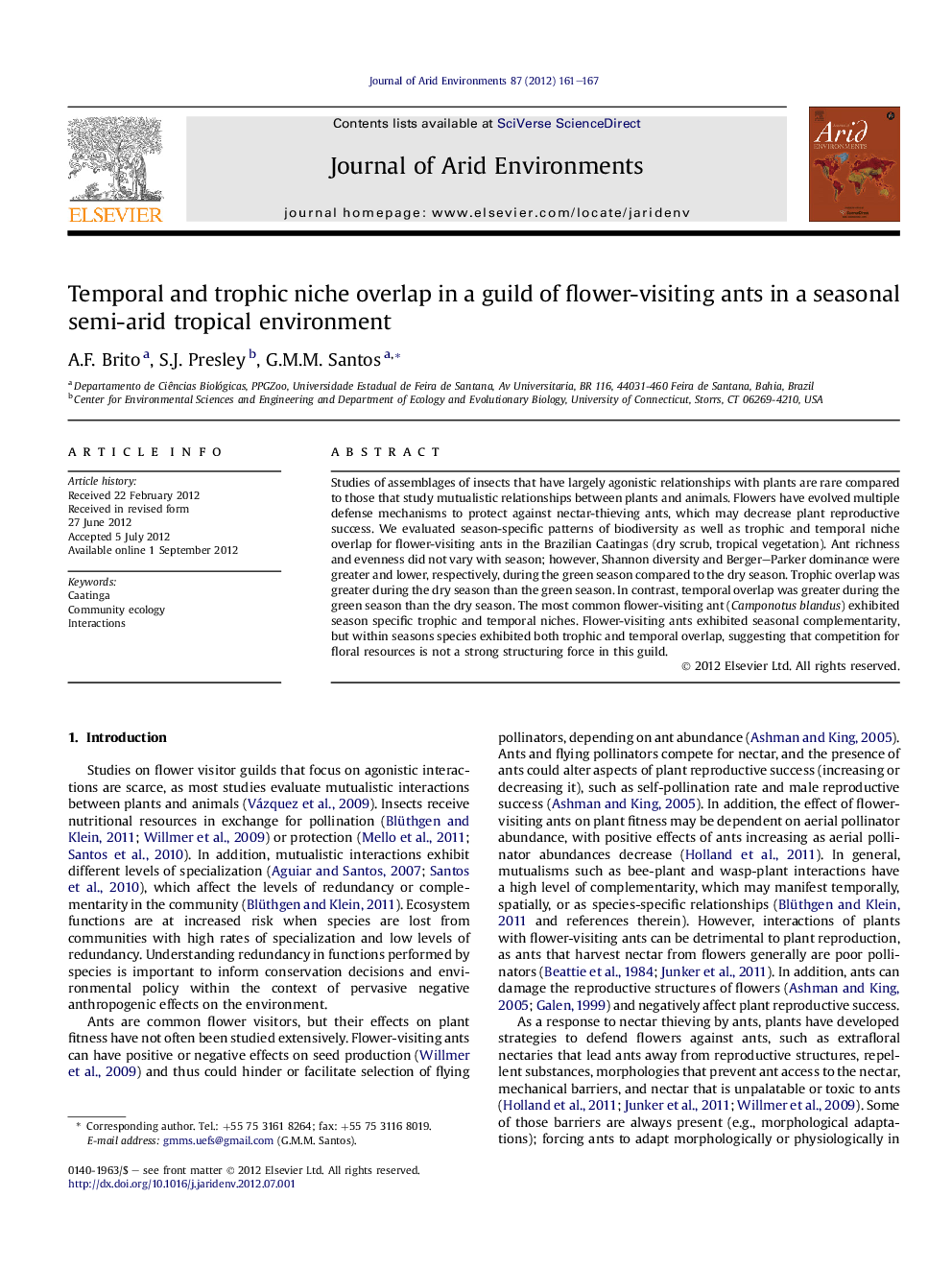 Temporal and trophic niche overlap in a guild of flower-visiting ants in a seasonal semi-arid tropical environment