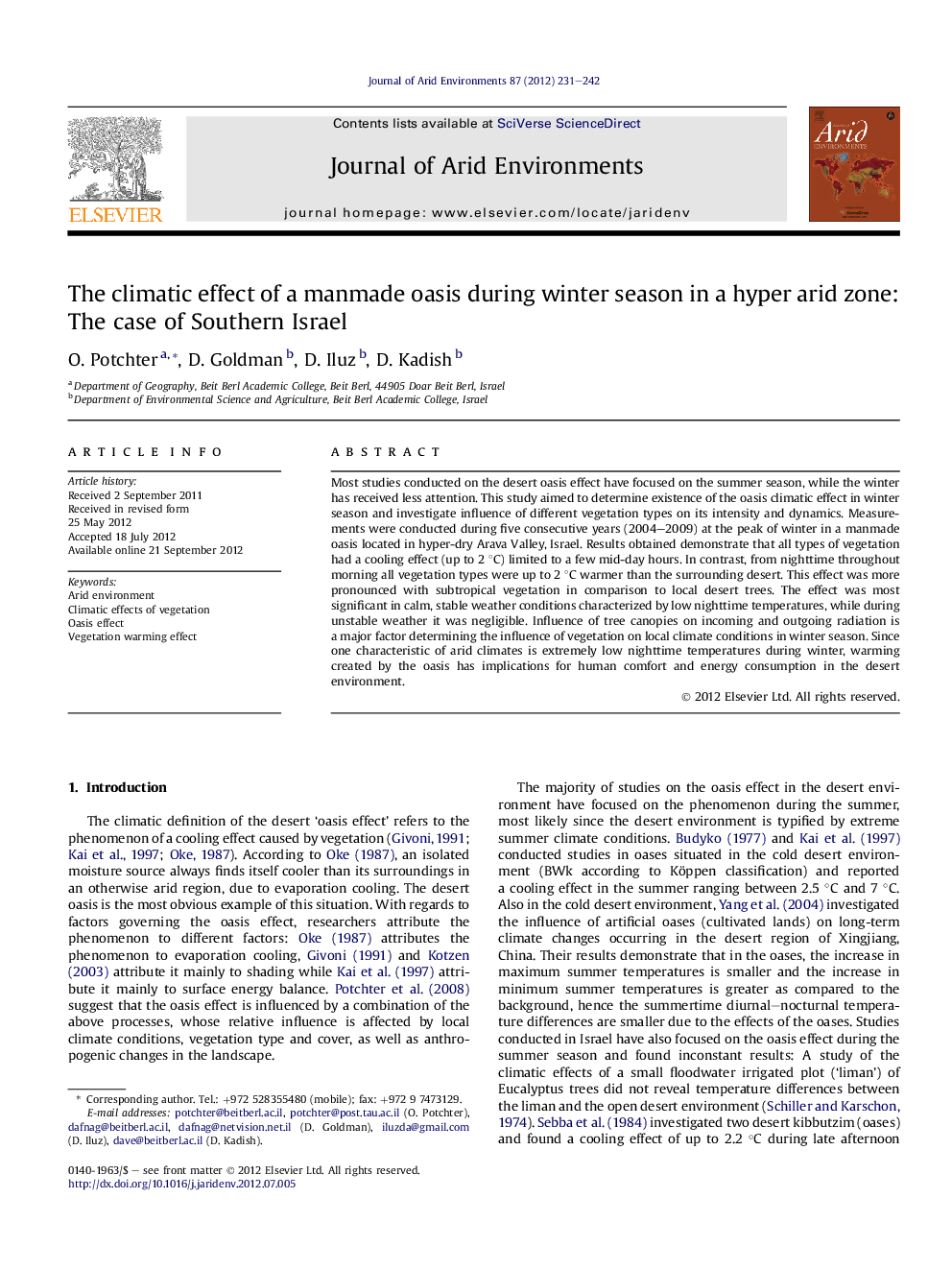 The climatic effect of a manmade oasis during winter season in a hyper arid zone: The case of Southern Israel