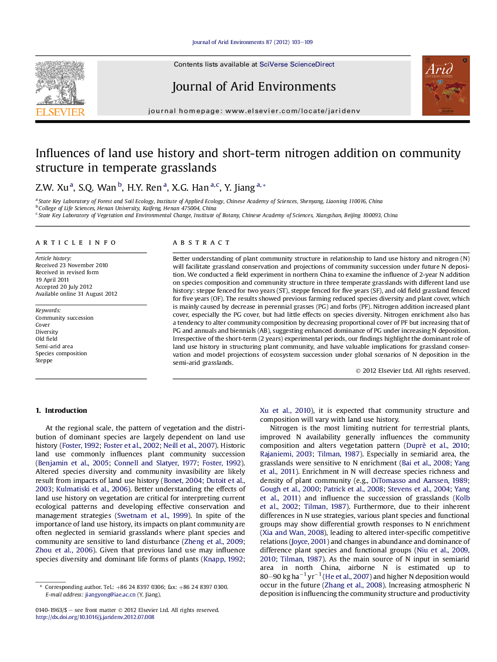 Influences of land use history and short-term nitrogen addition on community structure in temperate grasslands