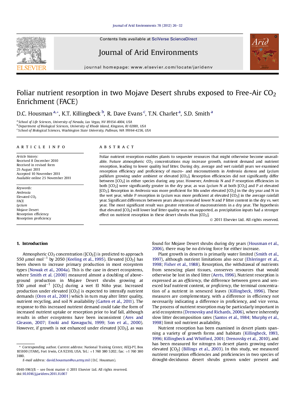 Foliar nutrient resorption in two Mojave Desert shrubs exposed to Free-Air CO2 Enrichment (FACE)