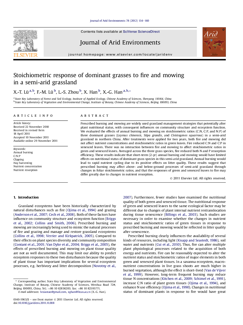 Stoichiometric response of dominant grasses to fire and mowing in a semi-arid grassland