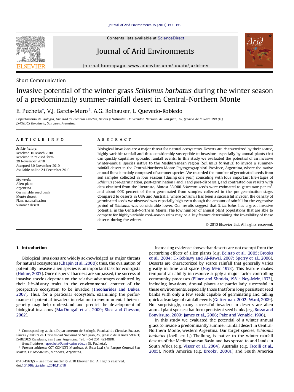 Invasive potential of the winter grass Schismus barbatus during the winter season of a predominantly summer-rainfall desert in Central-Northern Monte