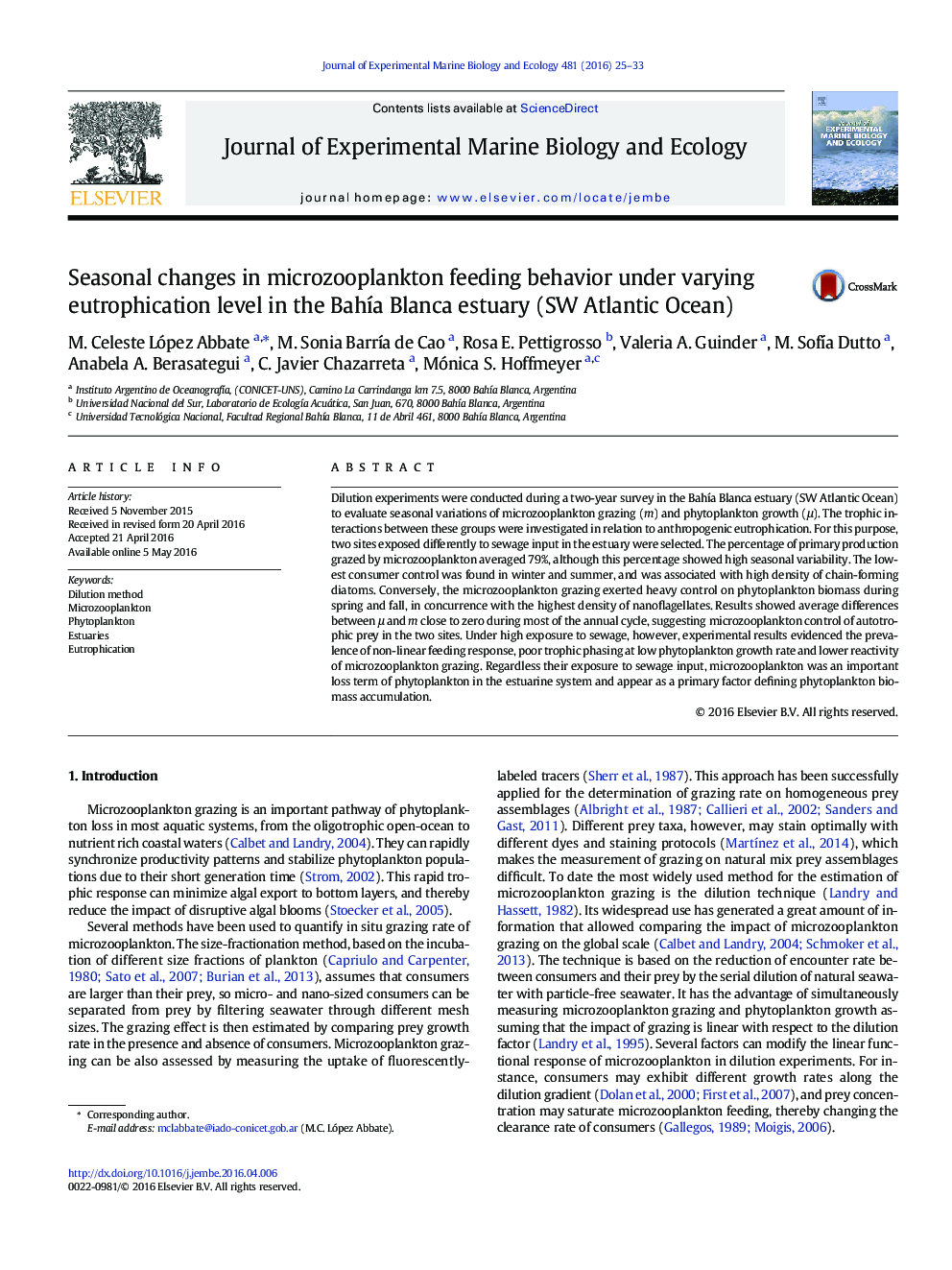 Seasonal changes in microzooplankton feeding behavior under varying eutrophication level in the BahÃ­a Blanca estuary (SW Atlantic Ocean)