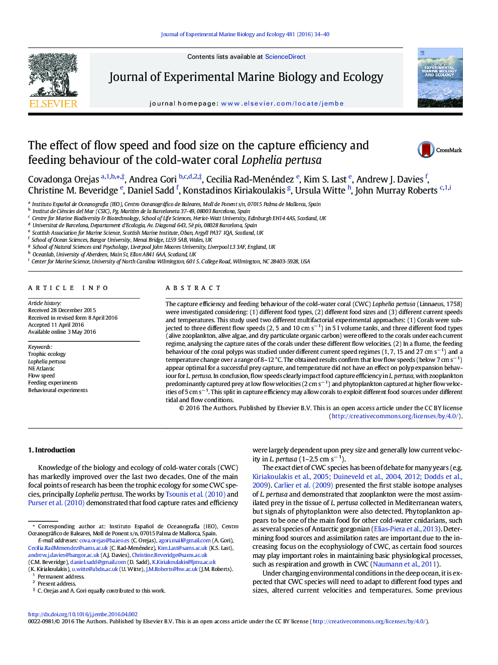 The effect of flow speed and food size on the capture efficiency and feeding behaviour of the cold-water coral Lophelia pertusa