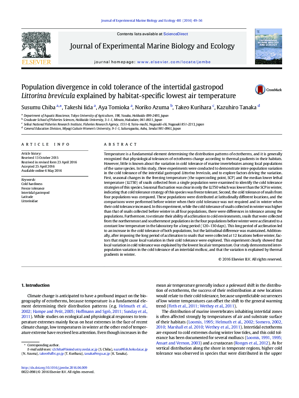 Population divergence in cold tolerance of the intertidal gastropod Littorina brevicula explained by habitat-specific lowest air temperature