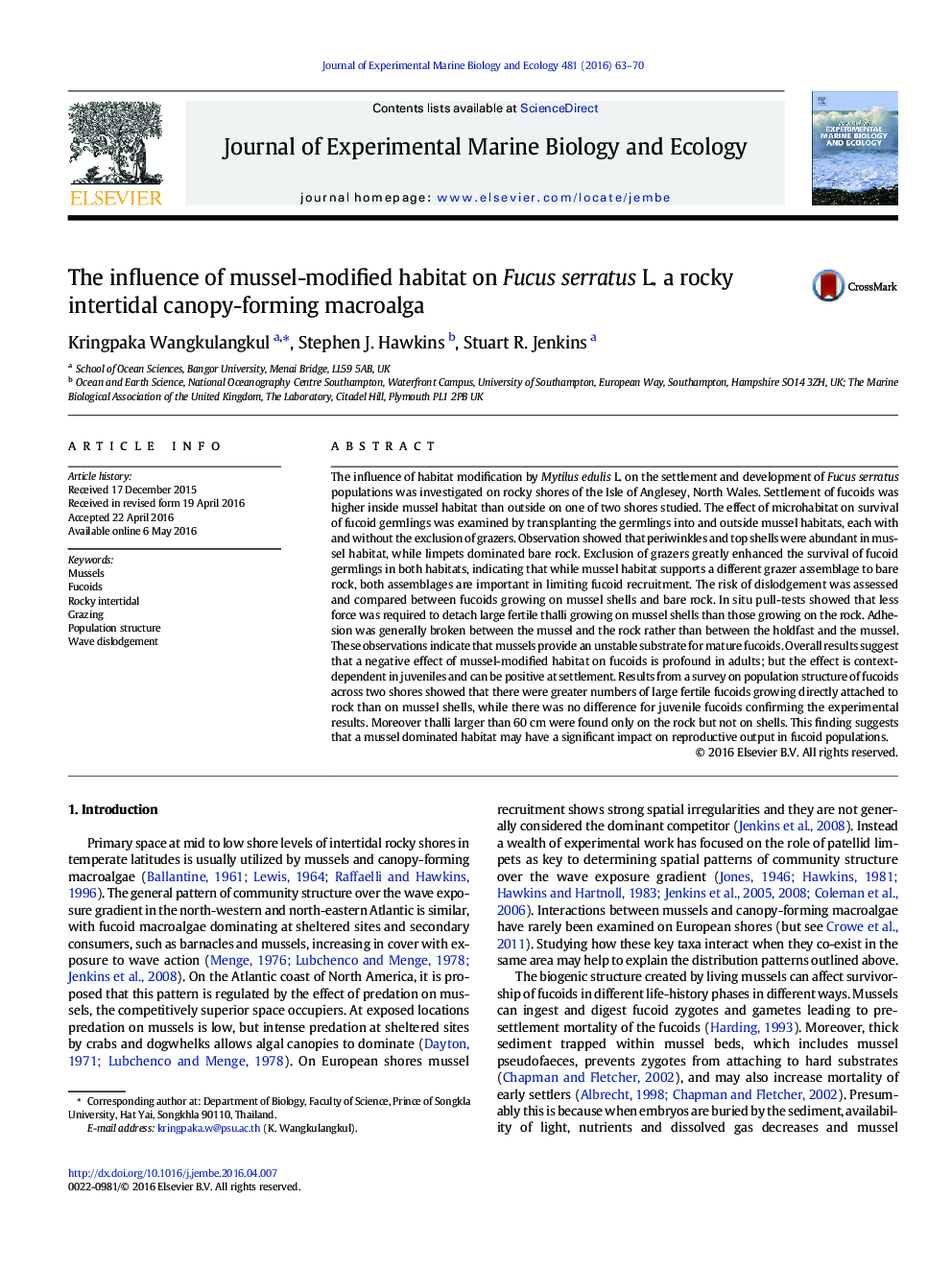 The influence of mussel-modified habitat on Fucus serratus L. a rocky intertidal canopy-forming macroalga