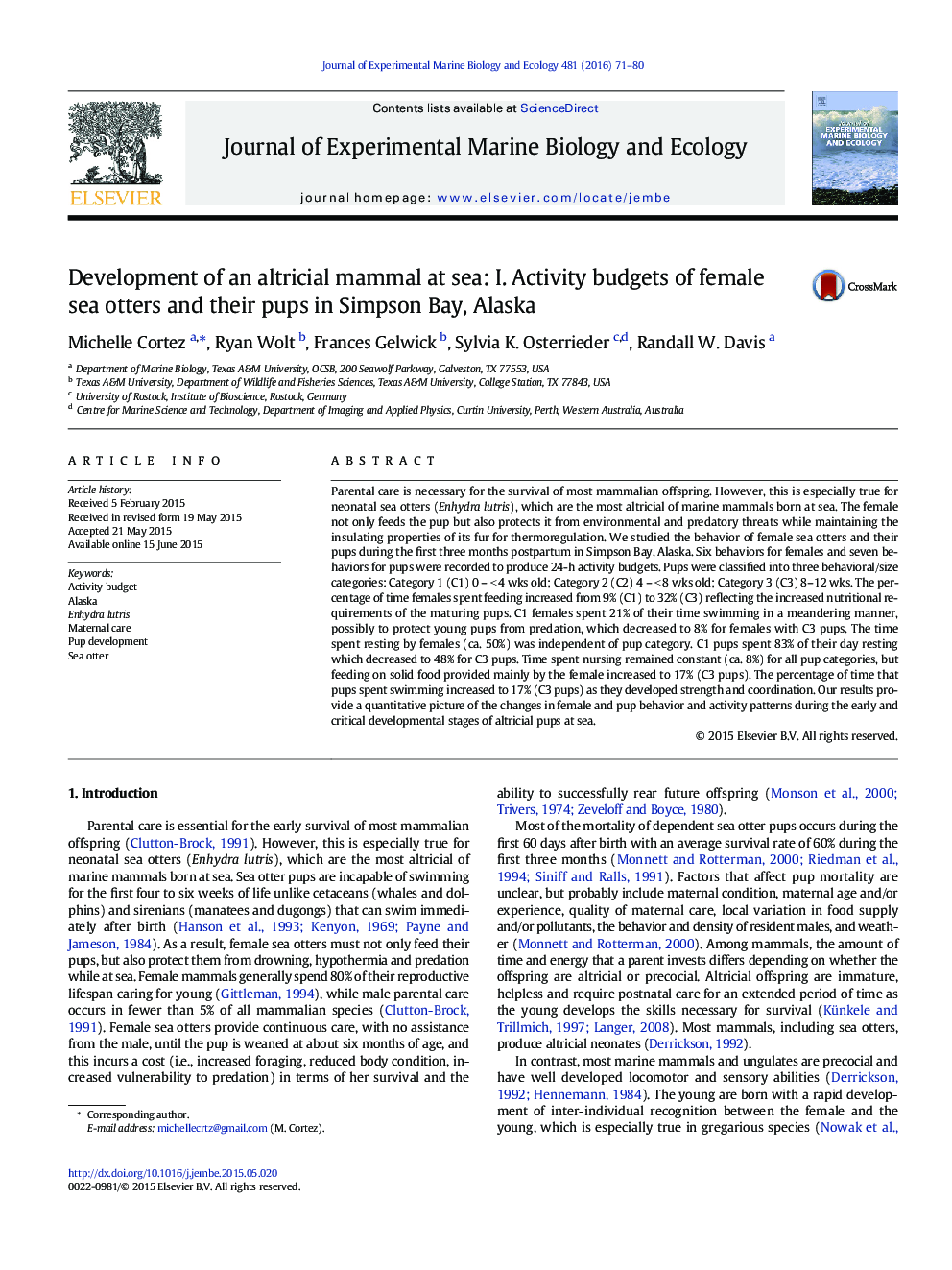 Development of an altricial mammal at sea: I. Activity budgets of female sea otters and their pups in Simpson Bay, Alaska