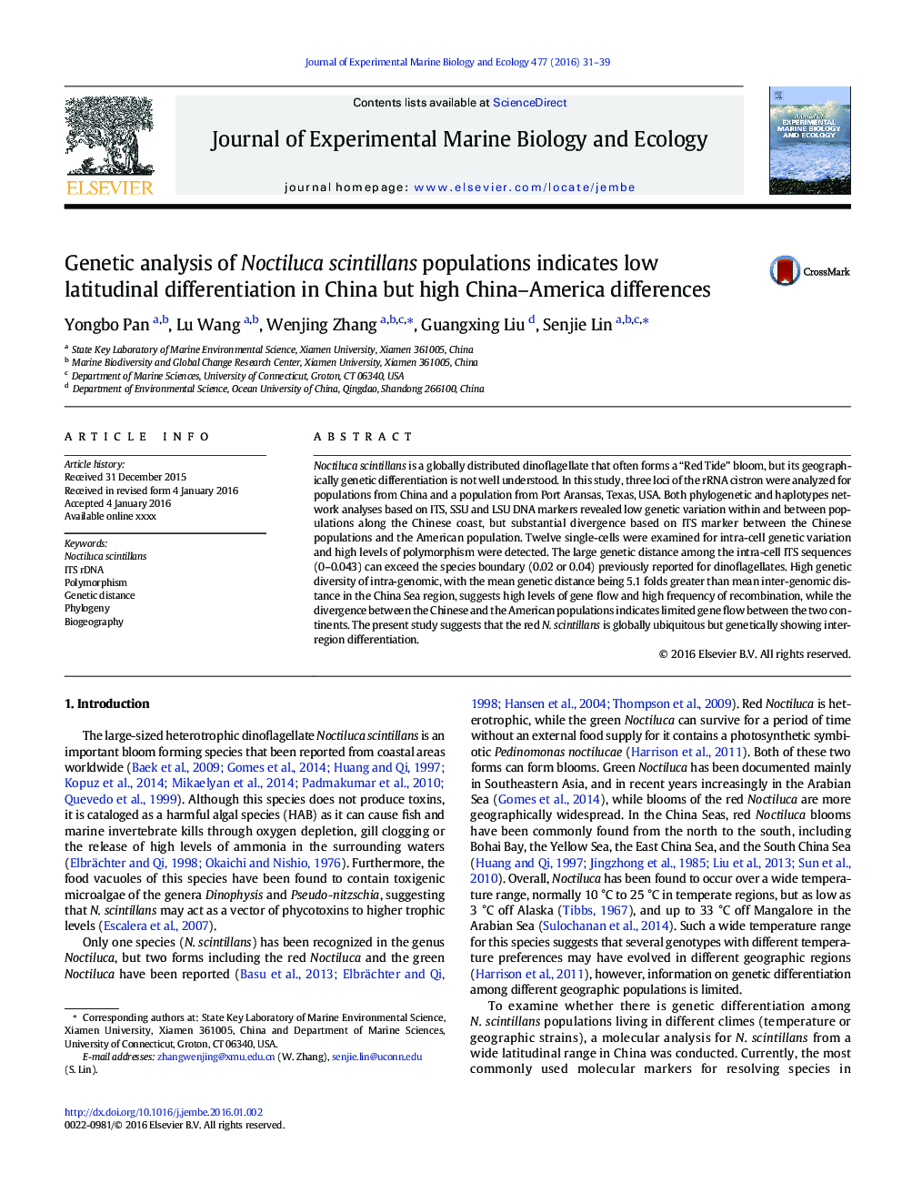Genetic analysis of Noctiluca scintillans populations indicates low latitudinal differentiation in China but high China-America differences