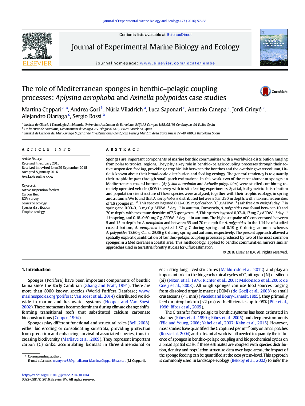 The role of Mediterranean sponges in benthic-pelagic coupling processes: Aplysina aerophoba and Axinella polypoides case studies