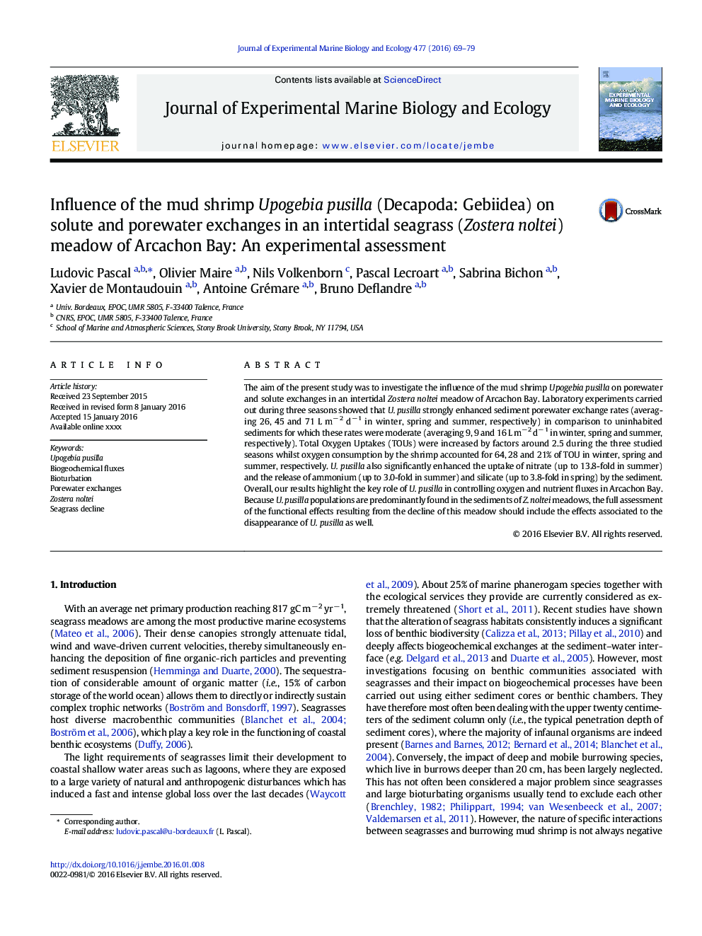 Influence of the mud shrimp Upogebia pusilla (Decapoda: Gebiidea) on solute and porewater exchanges in an intertidal seagrass (Zostera noltei) meadow of Arcachon Bay: An experimental assessment