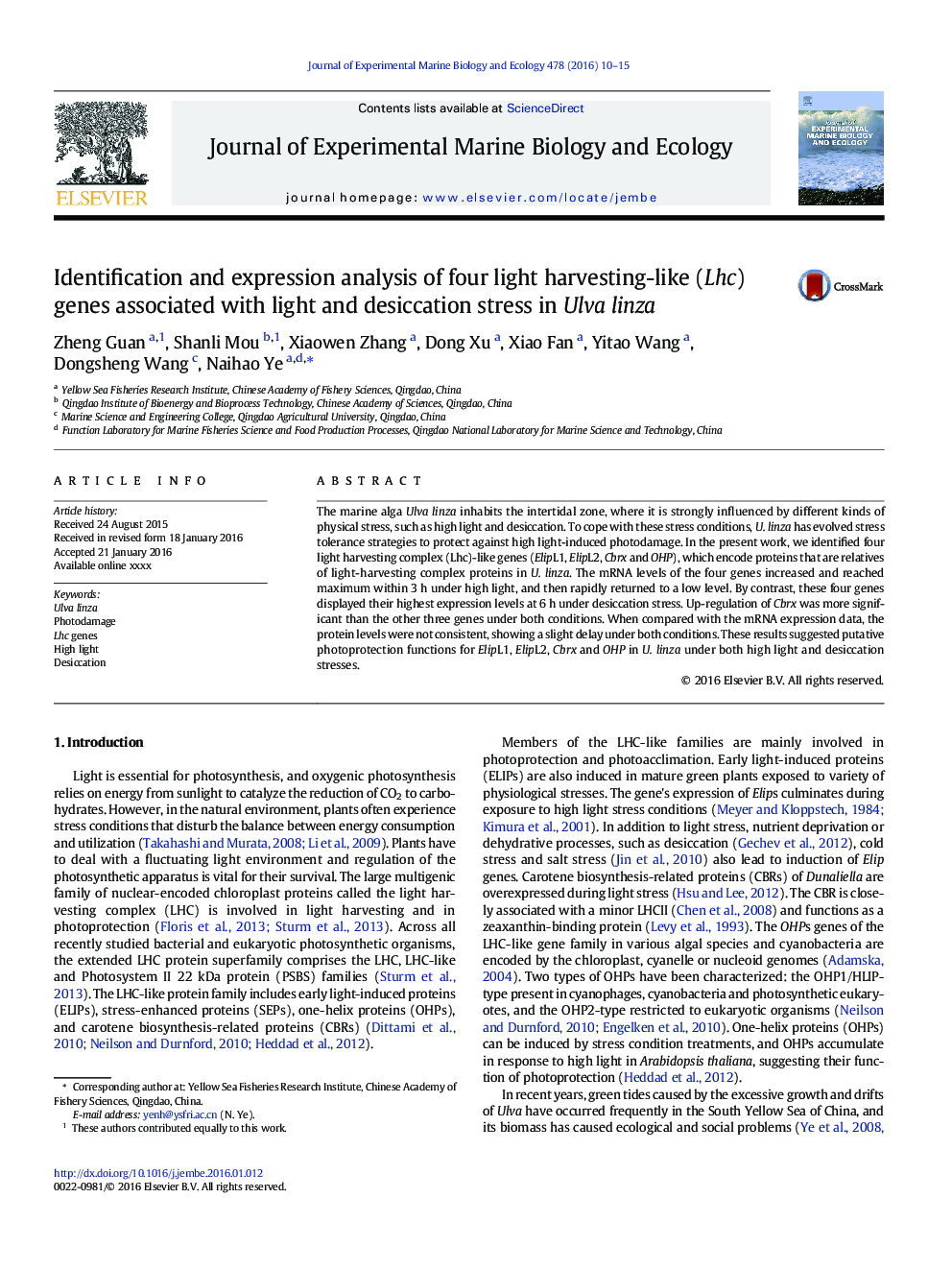 Identification and expression analysis of four light harvesting-like (Lhc) genes associated with light and desiccation stress in Ulva linza