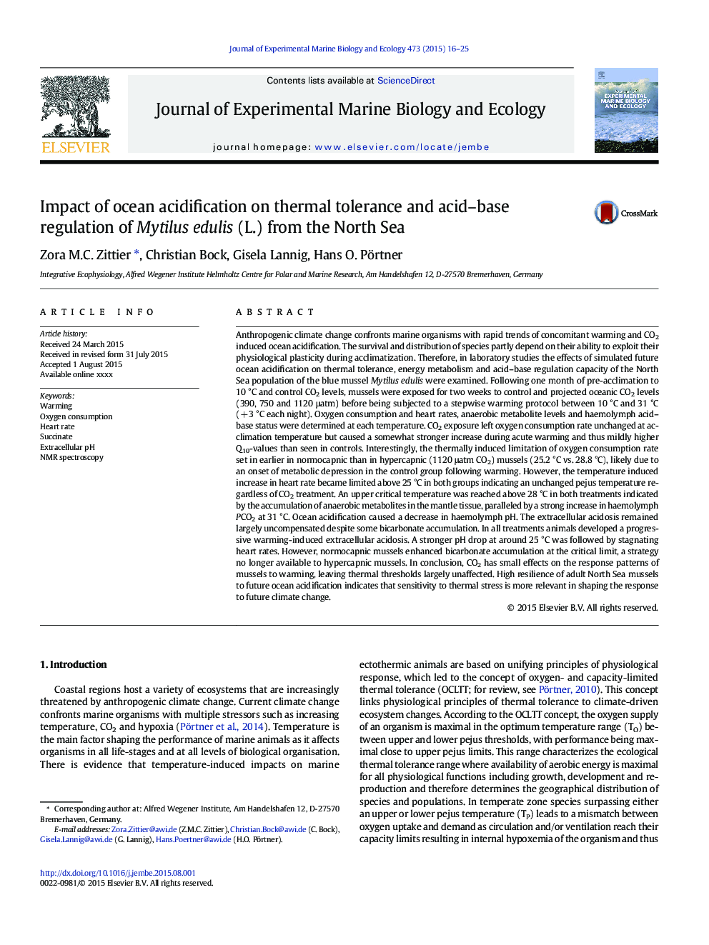 عکس صفحه اول مقاله: Impact of ocean acidification on thermal tolerance and acid-base regulation of Mytilus edulis (L.) from the North Sea Impact of ocean acidification on thermal tolerance and acid-base regulation of Mytilus edulis (L.) from the North Sea