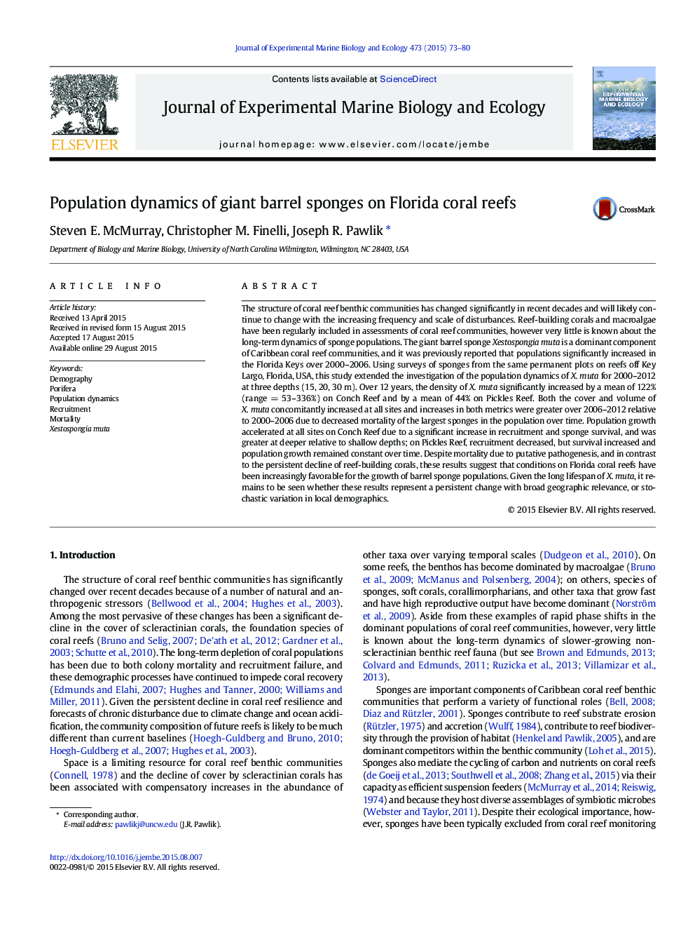 Population dynamics of giant barrel sponges on Florida coral reefs