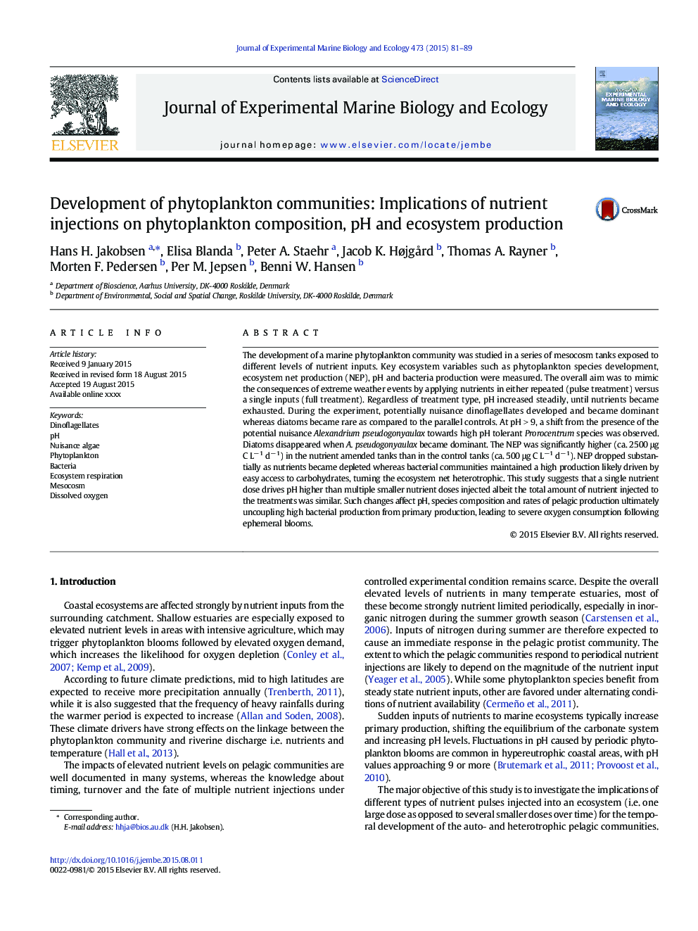 Development of phytoplankton communities: Implications of nutrient injections on phytoplankton composition, pH and ecosystem production