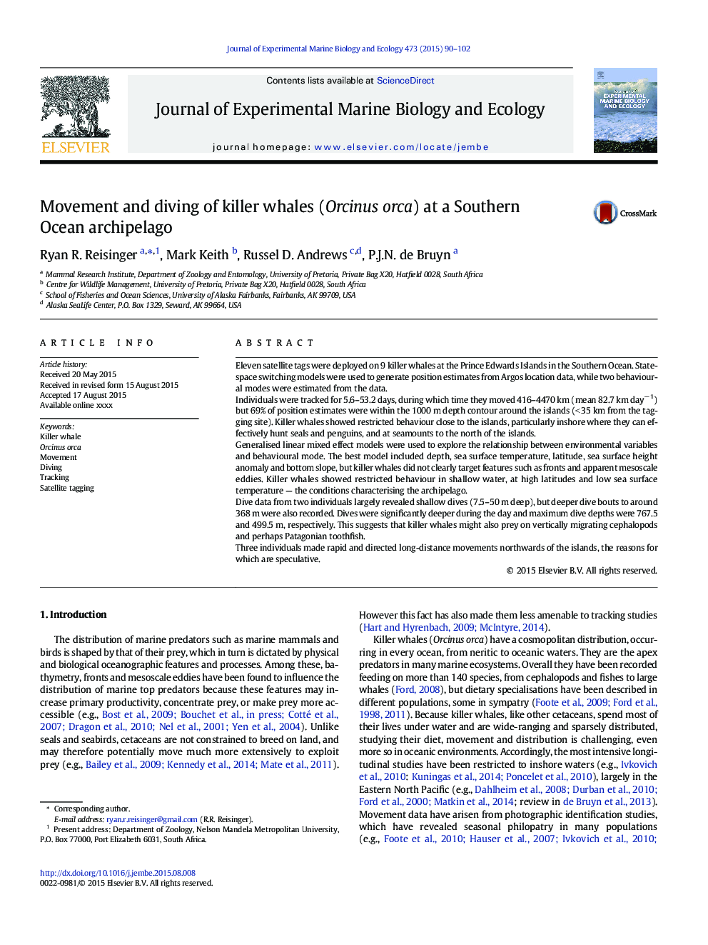 Movement and diving of killer whales (Orcinus orca) at a Southern Ocean archipelago