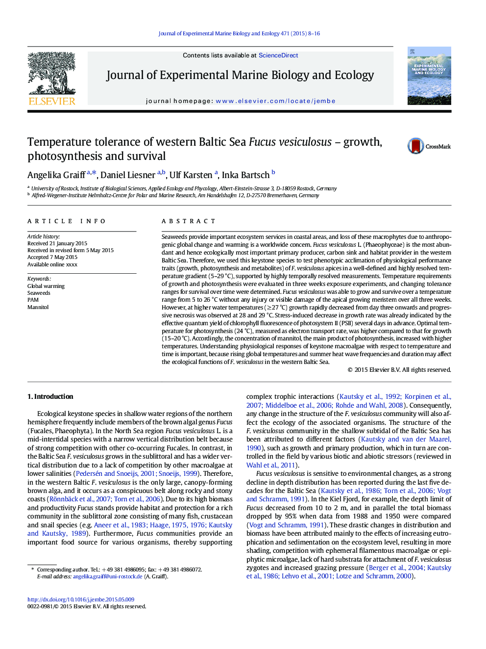 Temperature tolerance of western Baltic Sea Fucus vesiculosus - growth, photosynthesis and survival