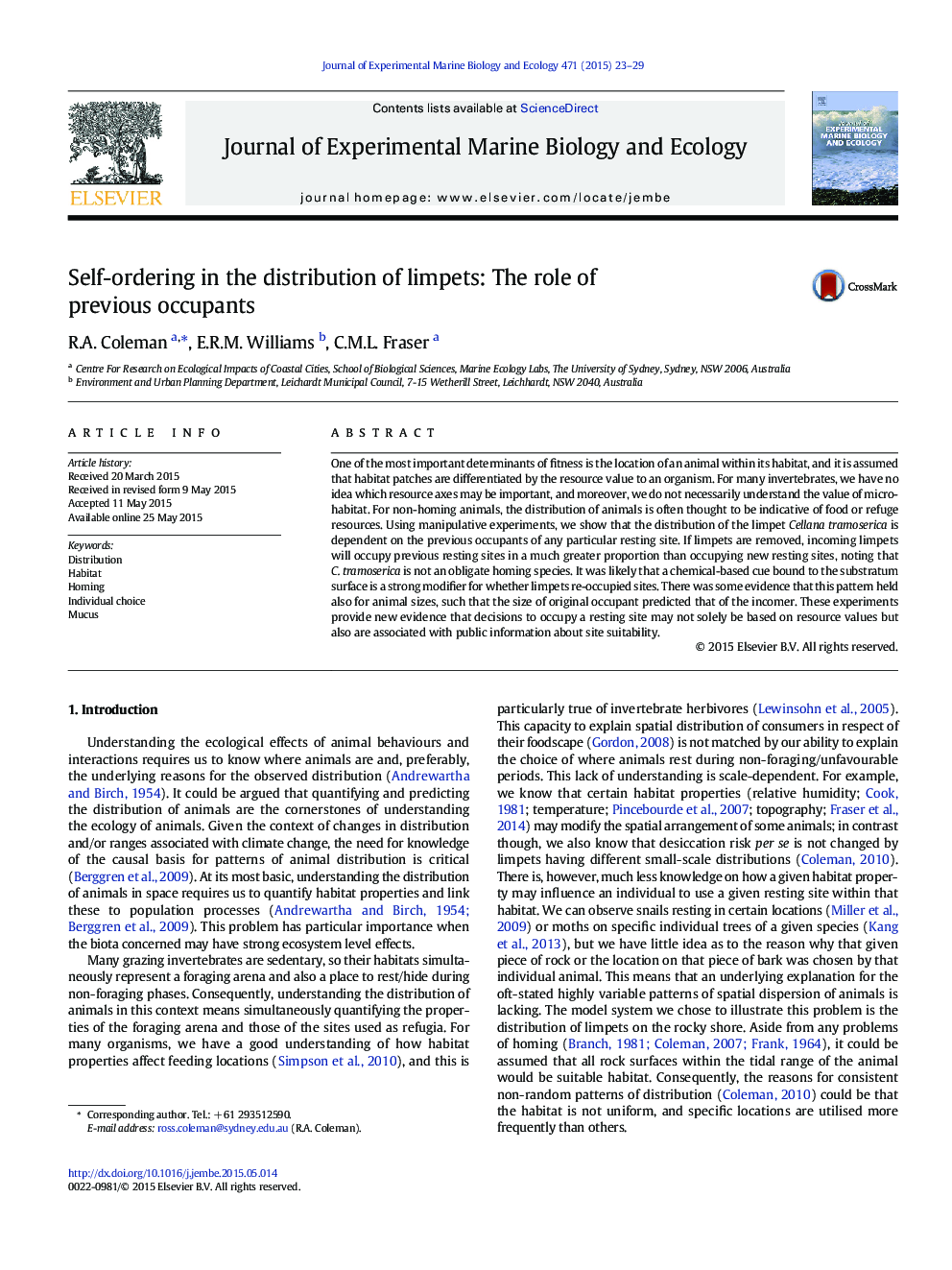 Self-ordering in the distribution of limpets: The role of previous occupants