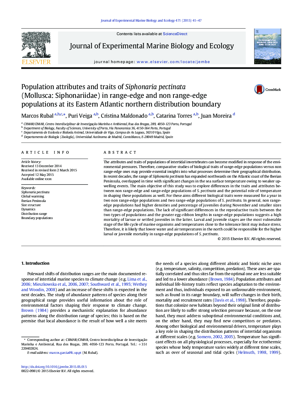 Population attributes and traits of Siphonaria pectinata (Mollusca: Siphonariidae) in range-edge and non range-edge populations at its Eastern Atlantic northern distribution boundary