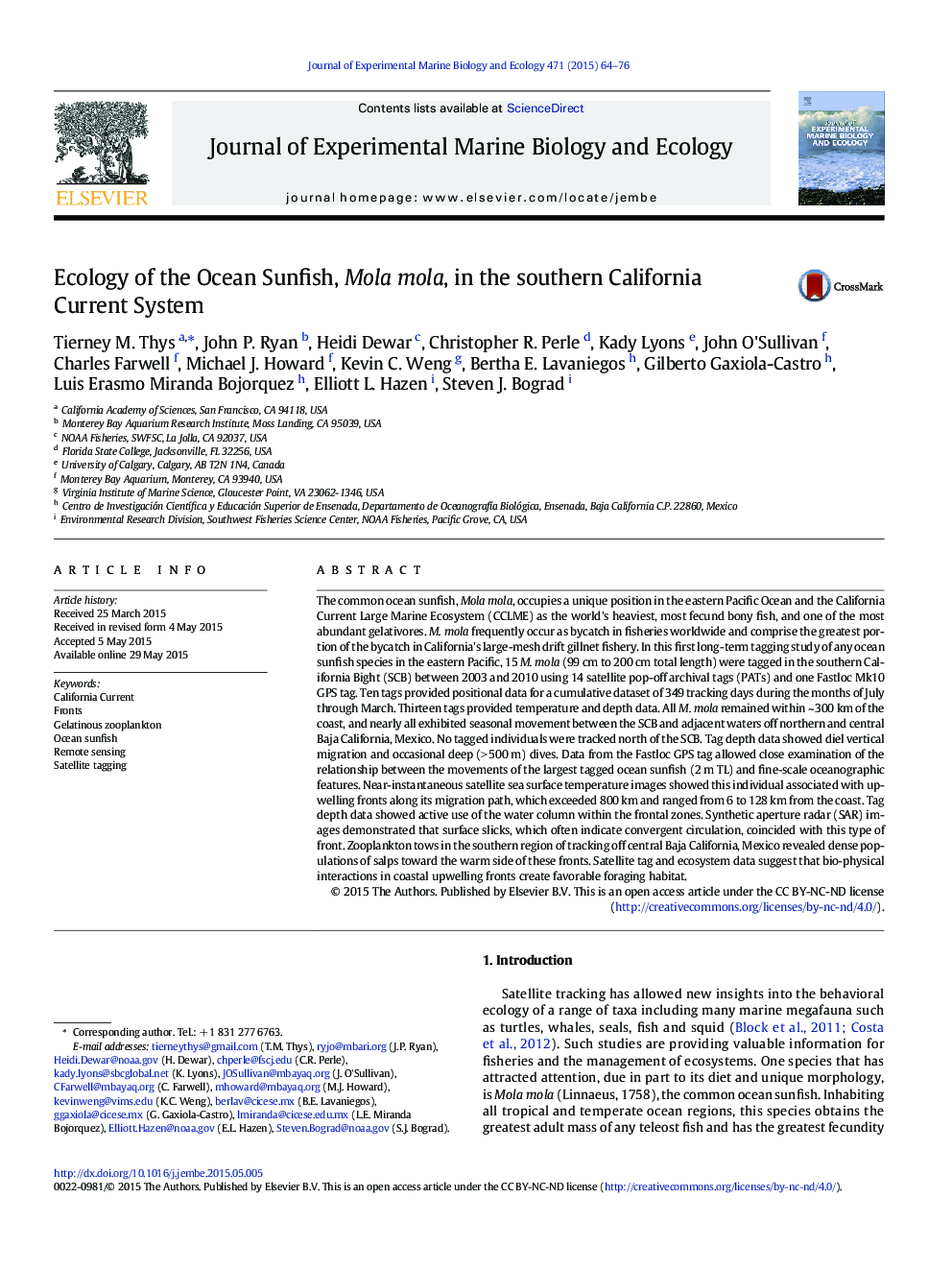 Ecology of the Ocean Sunfish, Mola mola, in the southern California Current System